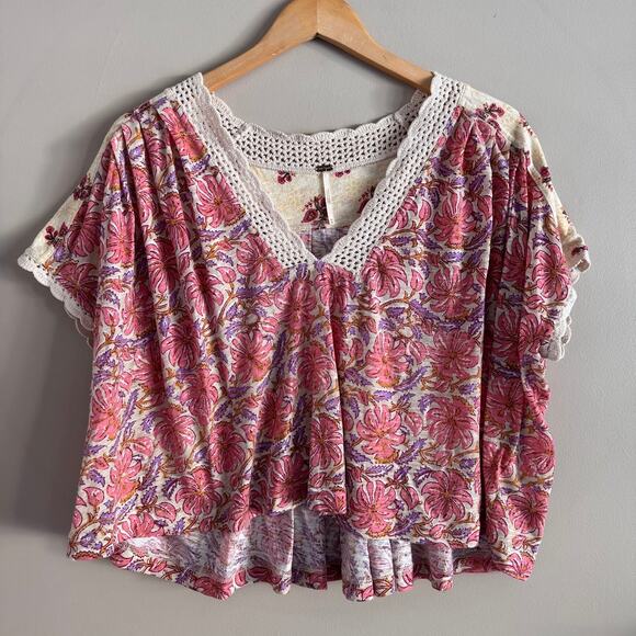 Free People Boho Cropped V Neck Top Leilani Floral Crochet Trim Blouse Medium - Picture 2 of 5